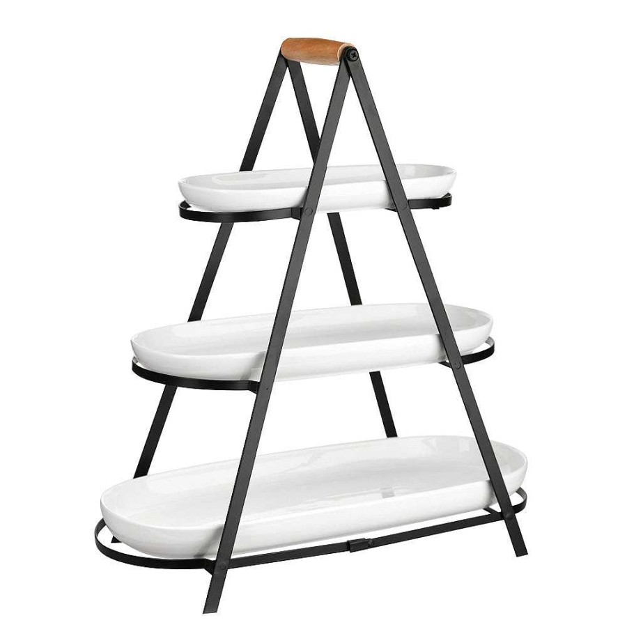 Wheel and Barrow Serving Stand Black 3 Tier Oblong With White Platters 51X25X55Cm | Serving Platters