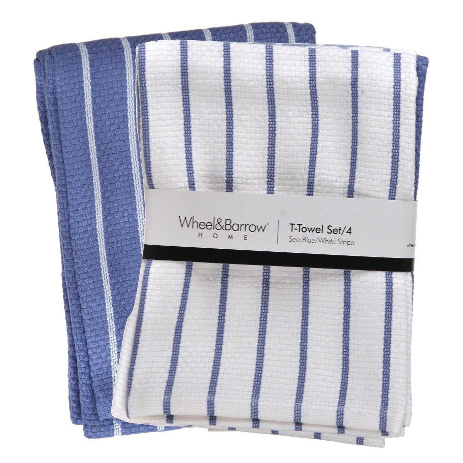 Wheel and Barrow Tea Towel Set/4 Sea Blue & White Stripe | Tea Towels