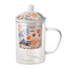 Wheel and Barrow Tea Glass With Lid & Filter Orange Denim Floral Design 300Ml | High Tea