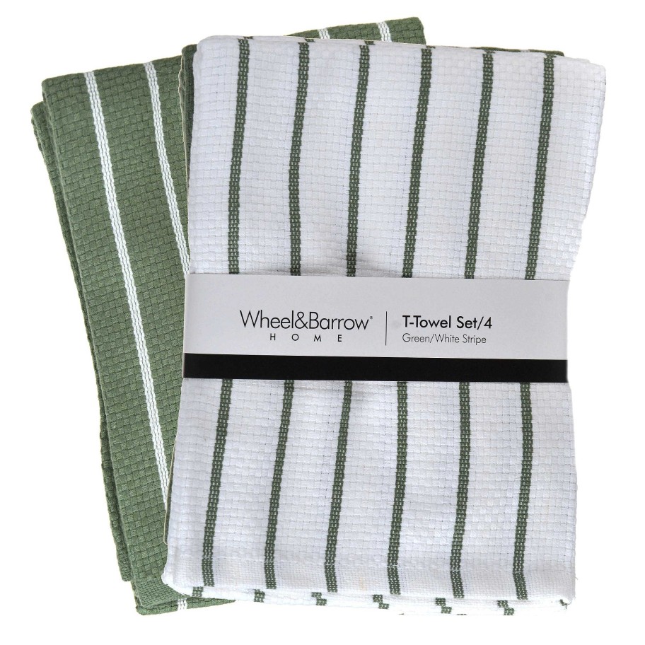 Wheel and Barrow Tea Towel Set/4 Green & White Stripe | Tea Towels