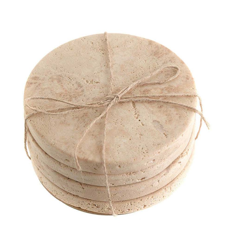 Wheel and Barrow Coaster Round Beige Travertine Set/4 | Coasters