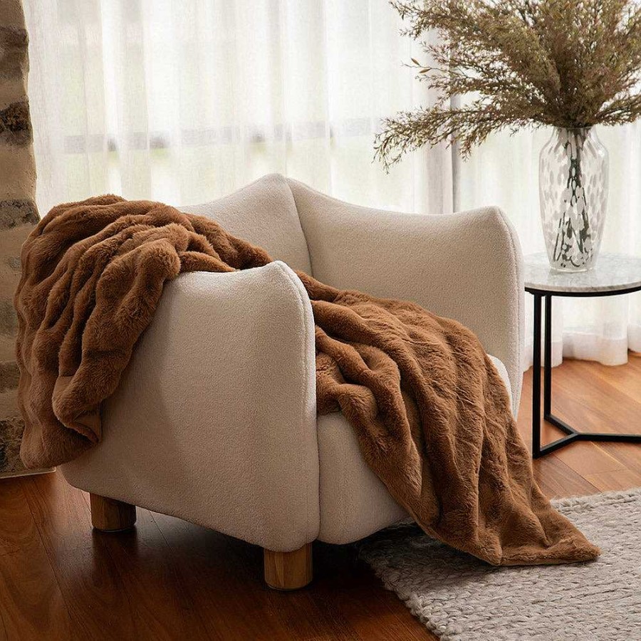 Wheel and Barrow Throw Subtle Rib Faux Rabbit Fur Caramel 130X160Cm | Throw Blankets