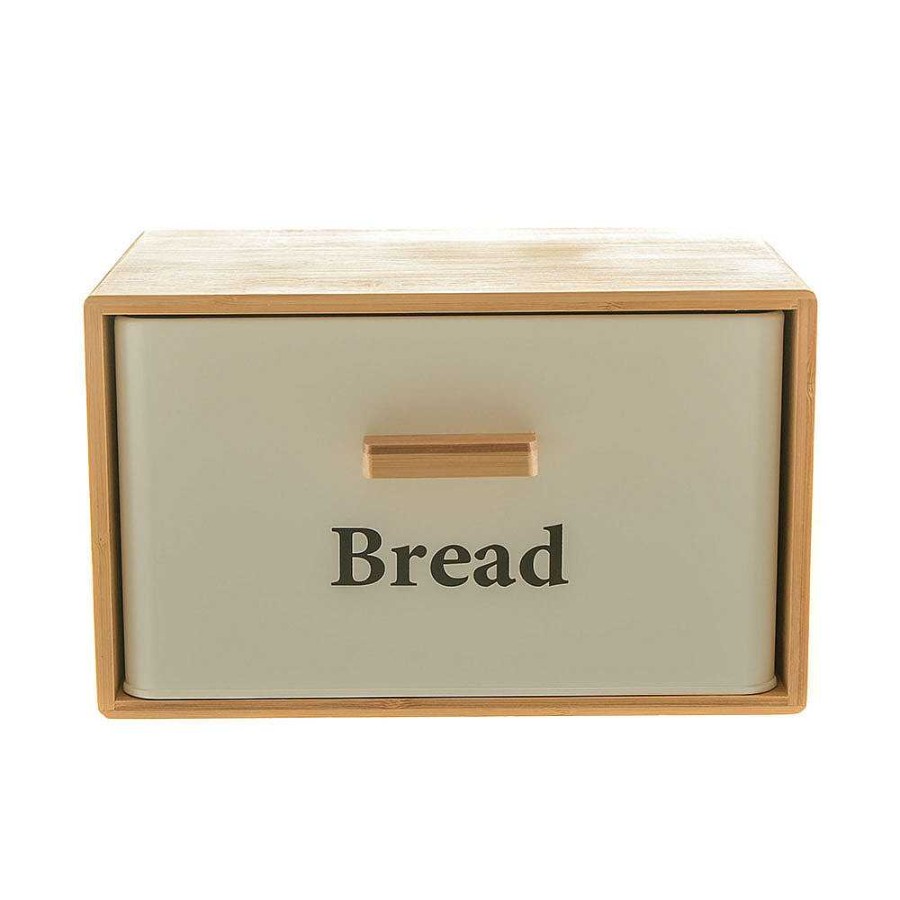 Wheel and Barrow Bread Bin White Metal With Bamboo Cover 30X23X18Cm | Bread Making Tools & Accessories