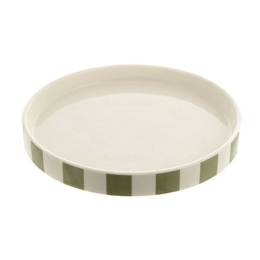 Wheel and Barrow Plate Round Ceramic Olive/White Stripe 18.5X2Cm | Serving Platters