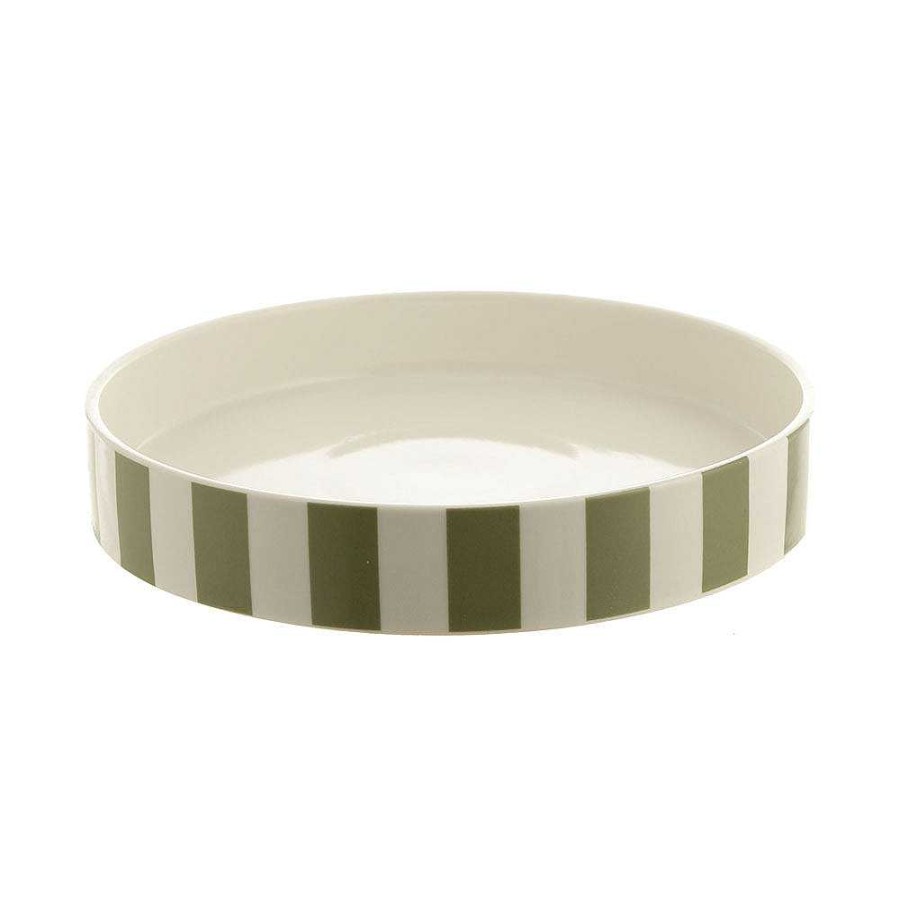 Wheel and Barrow Bowl Round Ceramic Olive/White Stripe 22X3.5Cm | Condiments