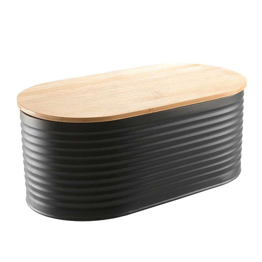 Wheel and Barrow Bread Bin Black Metal With Bamboo Lid 34X19X13Cm | Home Storage