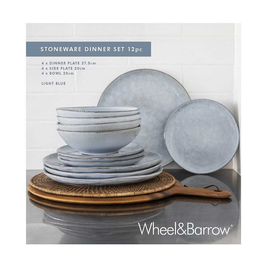 Wheel and Barrow Stoneware Dinner Set Light Blue 12 Piece | Stoneware Light Blue