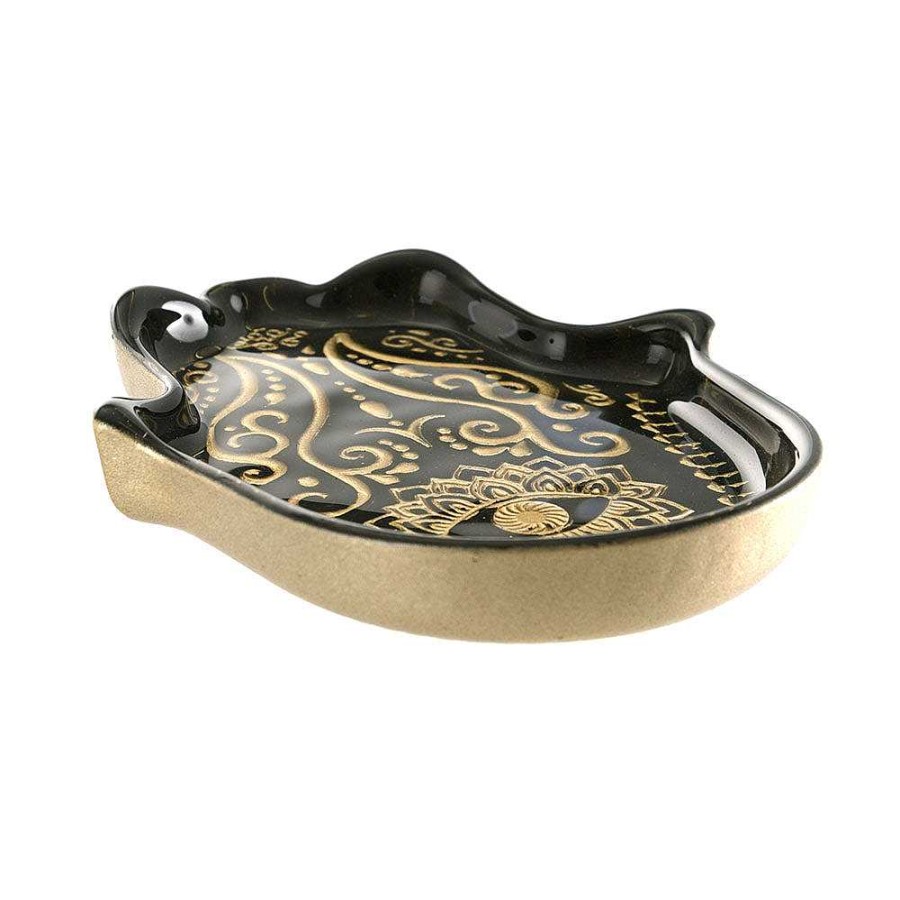 Wheel and Barrow Hamsa Plate Black & Gold Metallic 21X17X3Cm | Turkish Delight