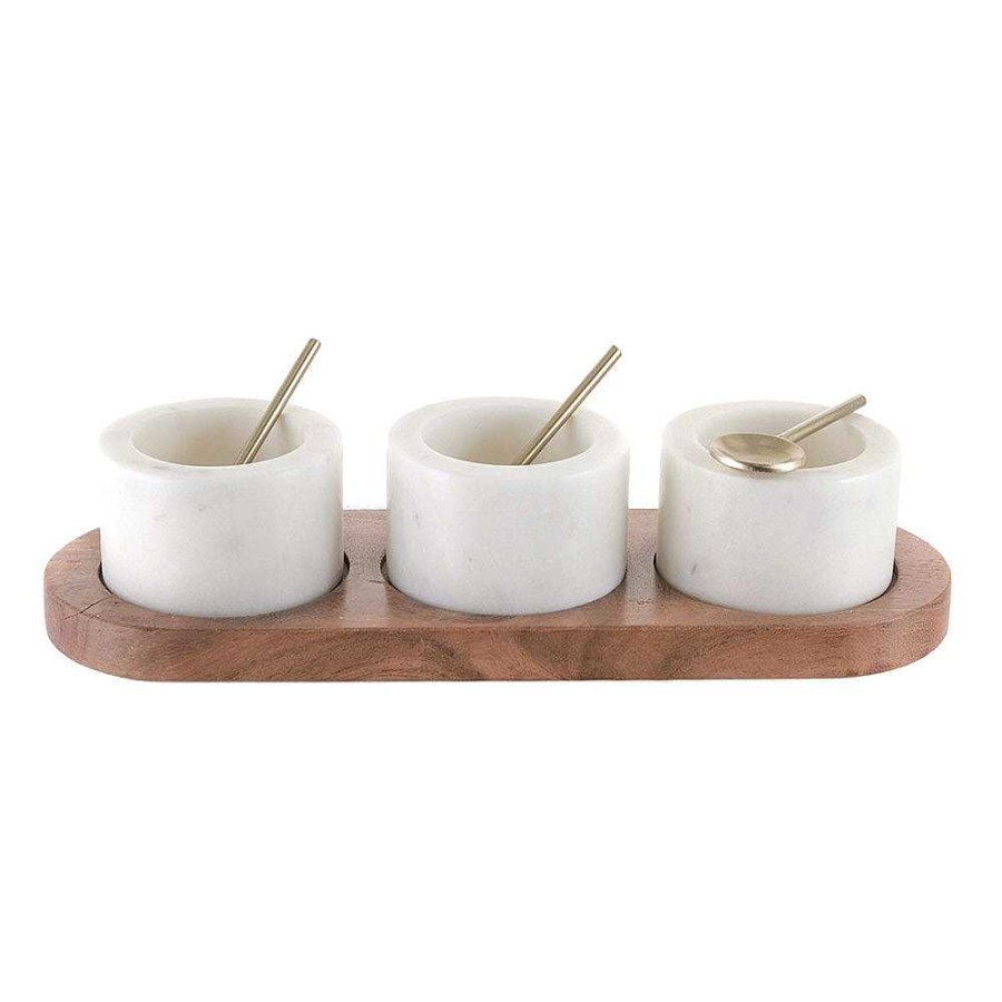 Wheel and Barrow White Marble Condiment Set 3 Pots With Brass Spoons | Condiments