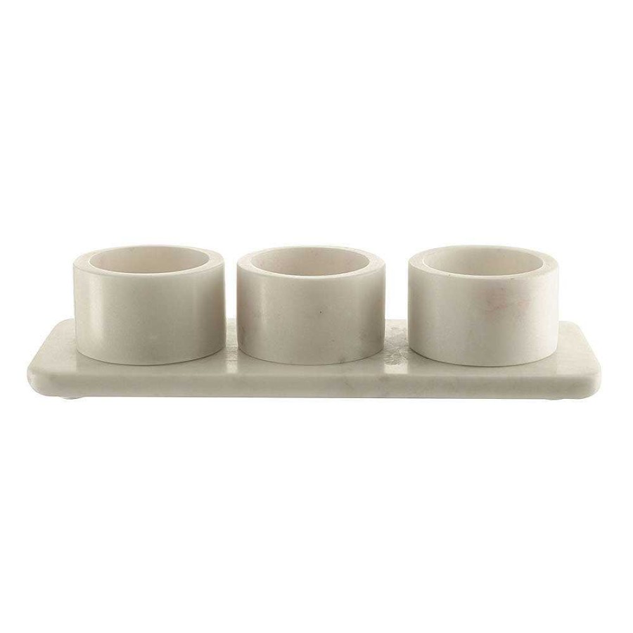 Wheel and Barrow White Marble Condiment Set 3 Pots With Holder 29X10X6Cm | Condiments