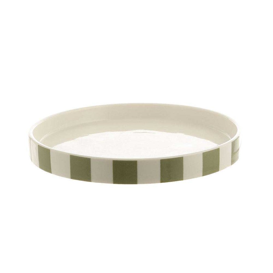 Wheel and Barrow Plate Round Ceramic Olive/White Stripe 18.5X2Cm | Serving Platters