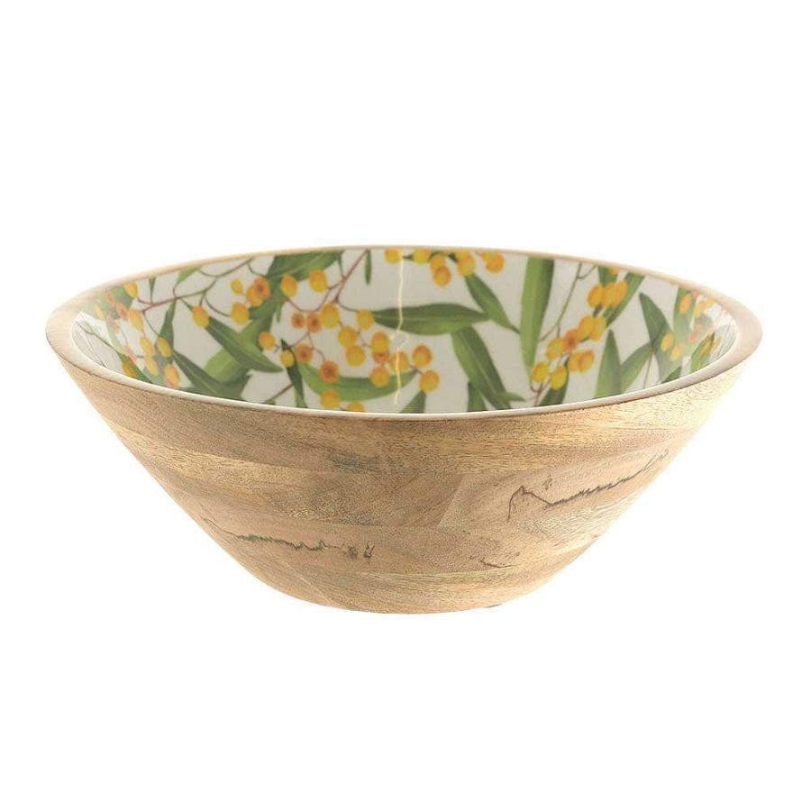 Wheel and Barrow Mango Wood Bowl With Wattle Print Enamel 30X9.5Cm | Condiments