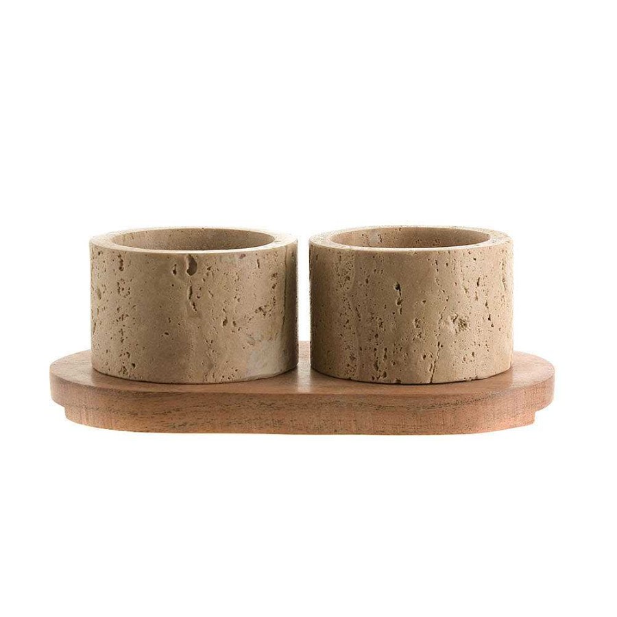 Wheel and Barrow Condiment Set Beige Travertine With Acacia Wood 19X10Cm | Condiments