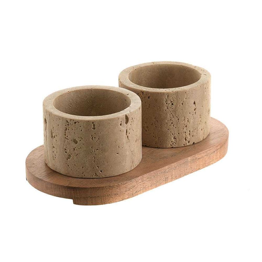 Wheel and Barrow Condiment Set Beige Travertine With Acacia Wood 19X10Cm | Coasters