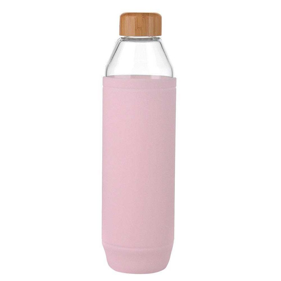 Wheel and Barrow Glass Bottle Pink Silicone Sleeve With Bamboo Lid 800Ml | Hydration