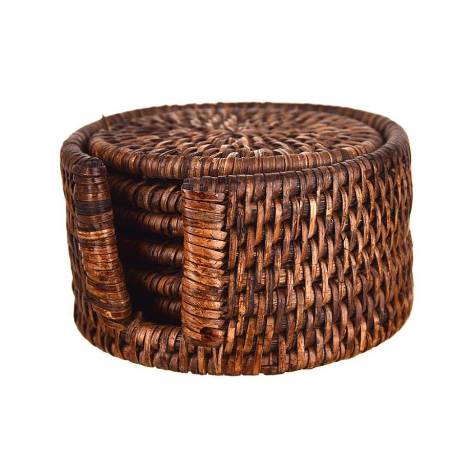 Wheel and Barrow Rattan Coaster Set/6 Dark Brown | Wine & Cheese Tasting