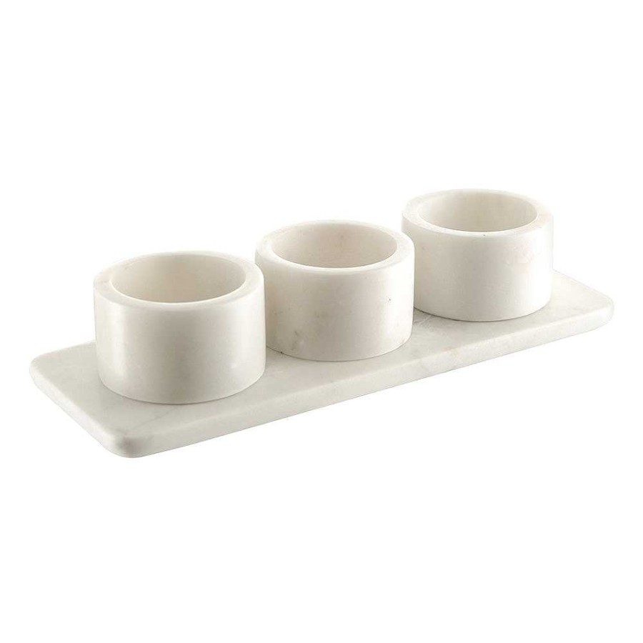 Wheel and Barrow White Marble Condiment Set 3 Pots With Holder 29X10X6Cm | Condiment & Dip Bowls