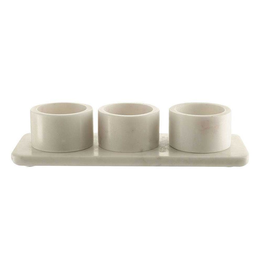 Wheel and Barrow White Marble Condiment Set 3 Pots With Holder 29X10X6Cm | Condiment & Dip Bowls