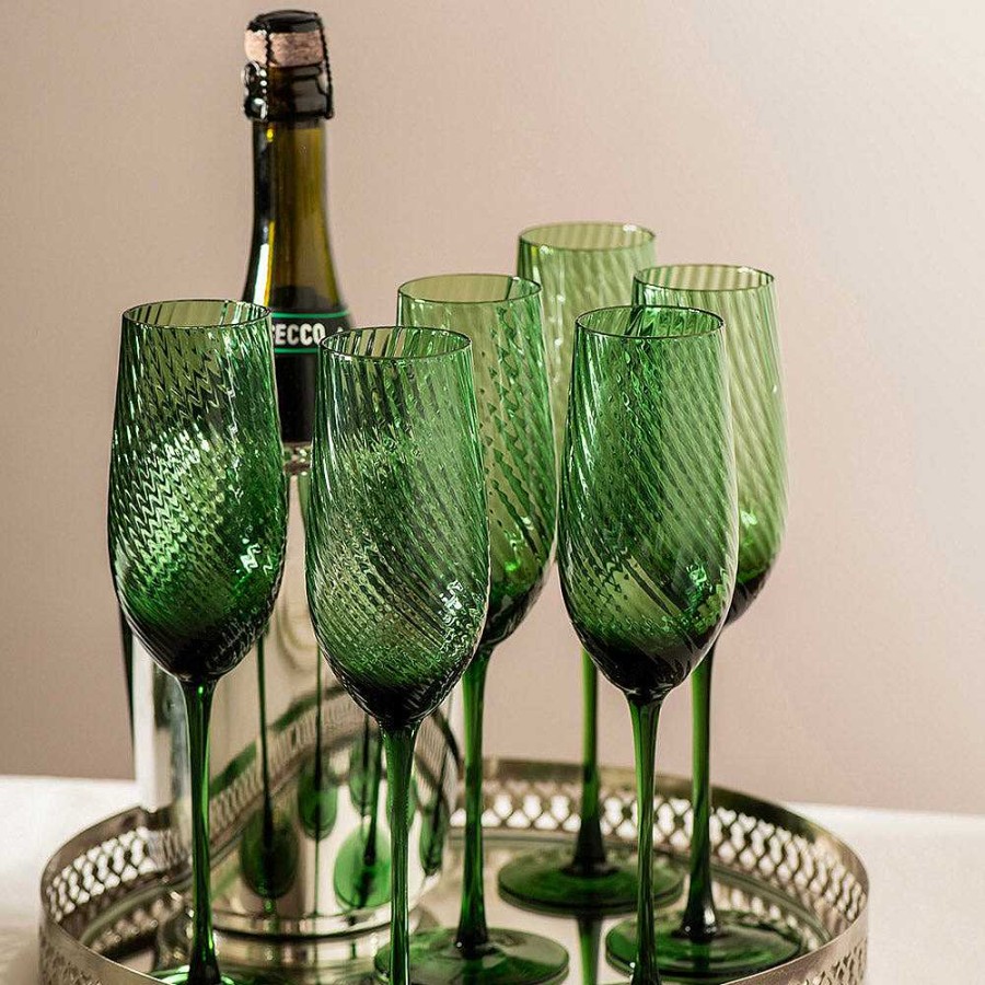 Wheel and Barrow Champagne Flute Swirl Emerald Green 270Ml | Champagne