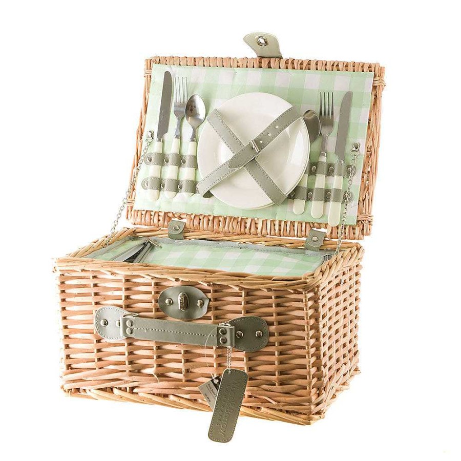 Wheel and Barrow 2 Person Picnic Basket Natural Wicker With Green Gingham | Picnic Basket & Blankets