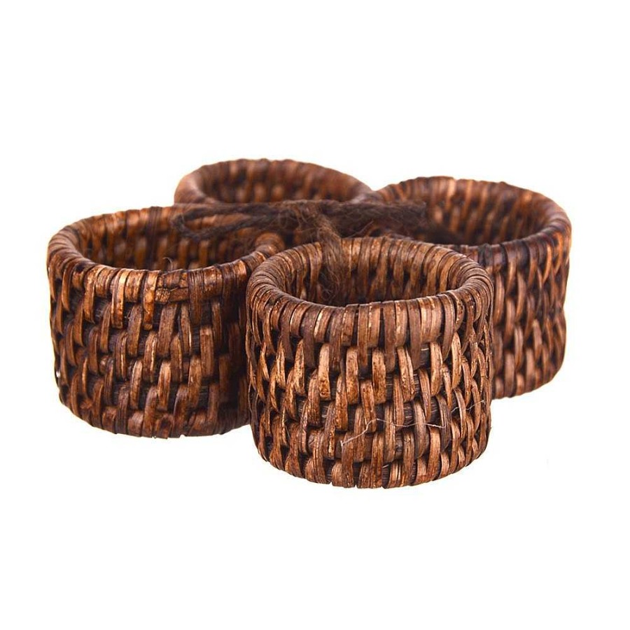 Wheel and Barrow Rattan Napkin Ring Set/4 Dark Brown | Sunrise Range