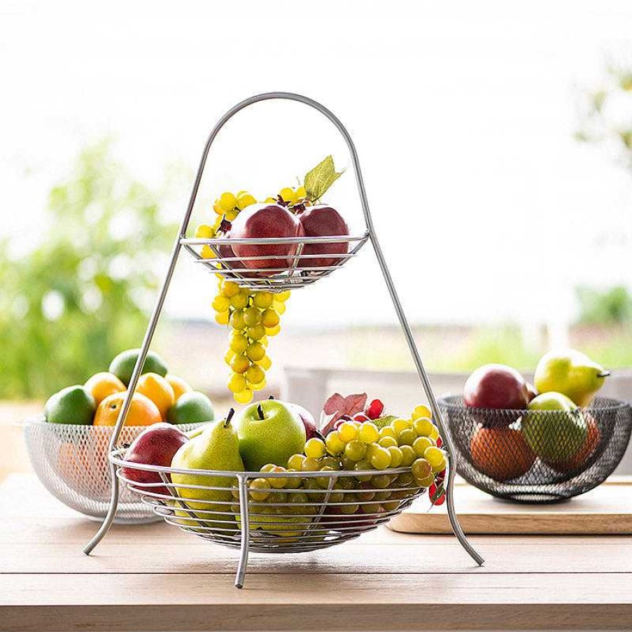 Wheel and Barrow Wire Fruit Basket 2 Tier Silver 37X35X49Cm | Home Storage