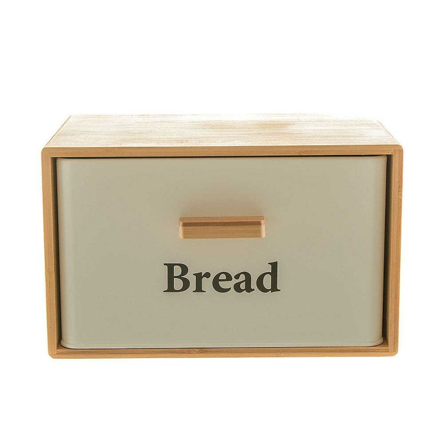 Wheel and Barrow Bread Bin White Metal With Bamboo Cover 30X23X18Cm | Home Storage