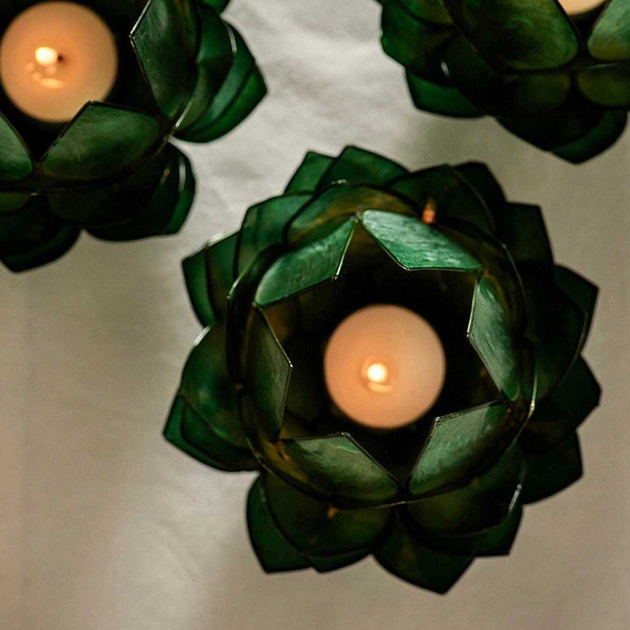 Wheel and Barrow Tealight Holder Cabbage Capiz Dark Green | Tealight Holders